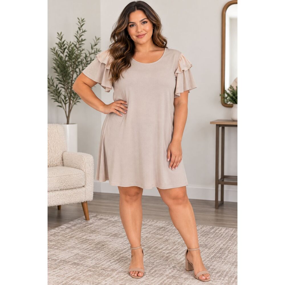 Taupe Beige Ruffle Sleeve Dress Size L Soft Stretch Side Pockets - Picture 7 of 7